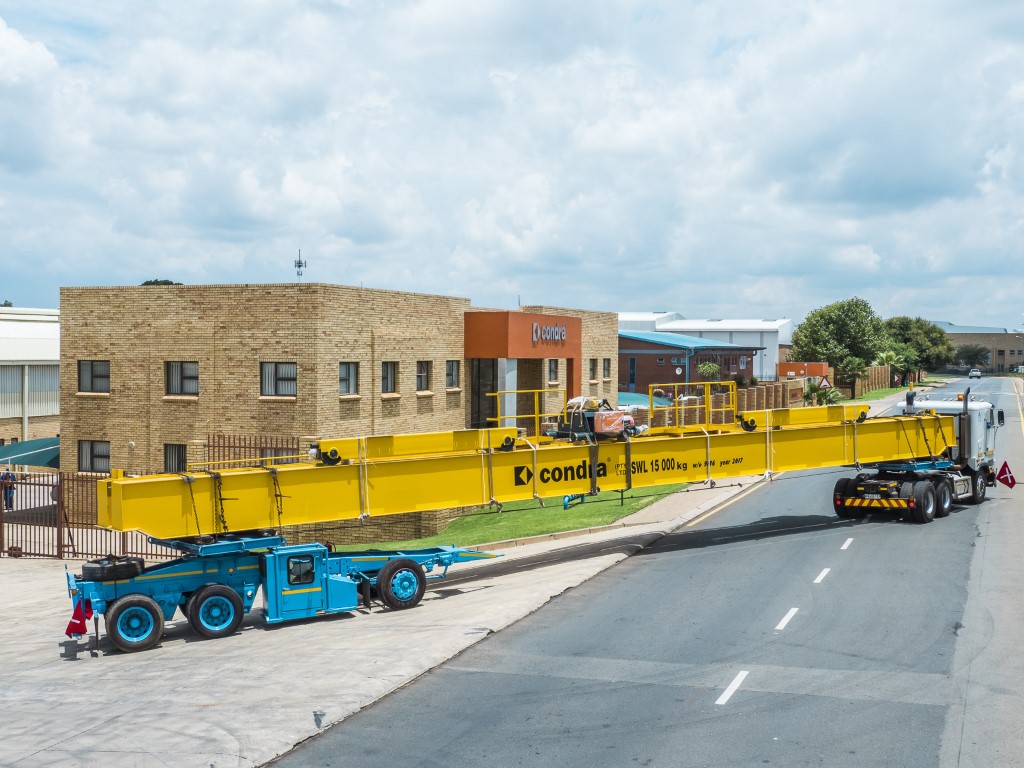 A completed crane leaving Condra’s Germiston factory.